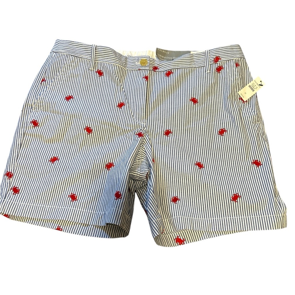 Talbots Girlfriend Chino Shorts 7” with Blue pinstripe & crab design NWT Size 12